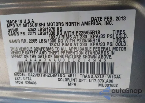 2013 Mitsubishi Outlander Sport Se z USA, uszkodzony, nr VIN 4A4AR4AUXDE014993